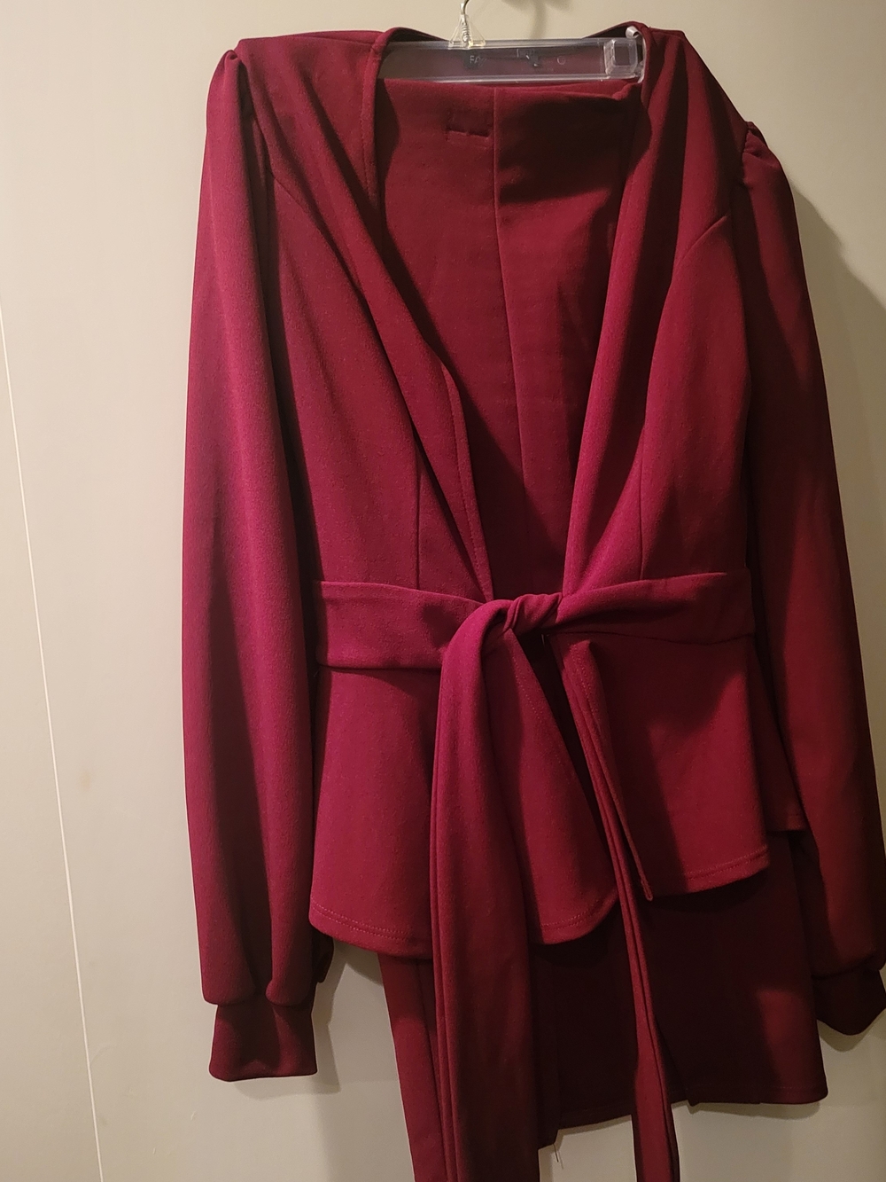 Burgundy Tie-Waist Draped Open Cardigan